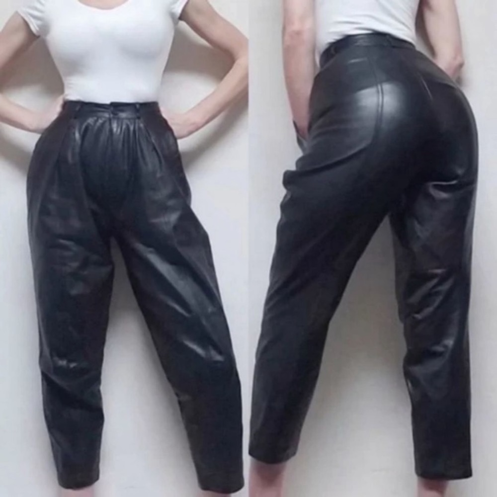 Vintage 1980s Toffs Pleated Ultra High Rise StraightLeg Black Leather Pants Sz4